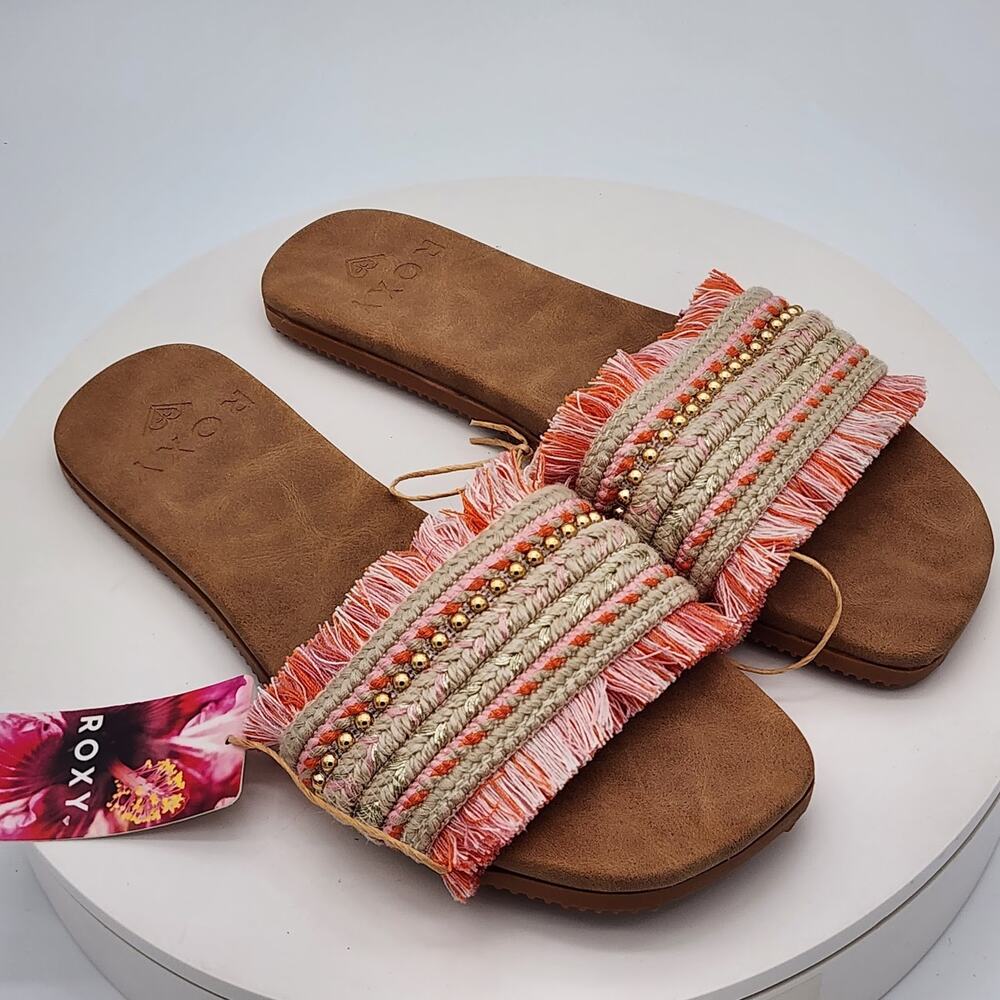 NEW - Roxy Women's Fringe Slide Sandals Pink Multi Boho Beach Size 8